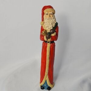 Vintage Weighted Resin Tall Santa Holding Pack & Gold Bell Old World